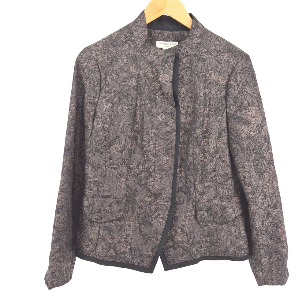 Coldwater Creek Shaped Jacquard Jacket‎ Blazer P8 Brown Quilted Lace Dark Floral